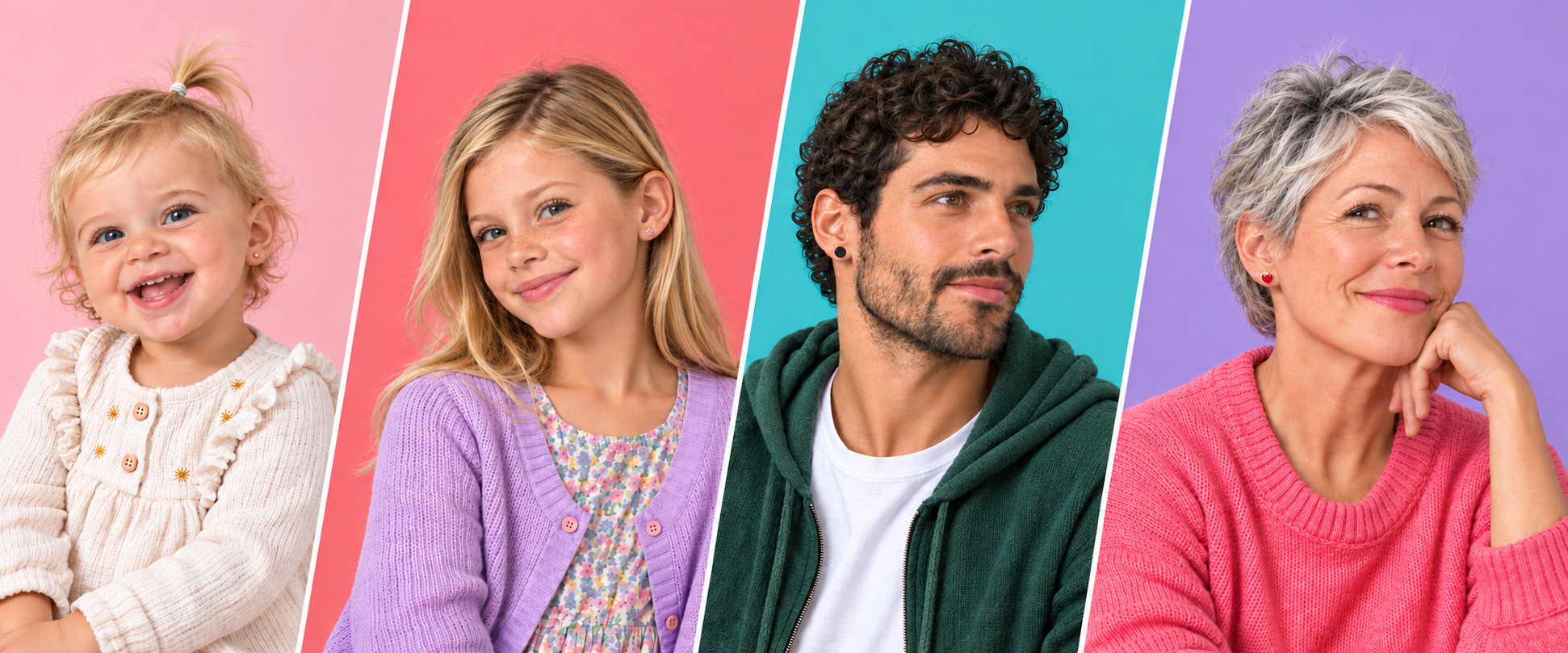 Un bebé, una niña rubia, un hombre y una mujer con pendientes